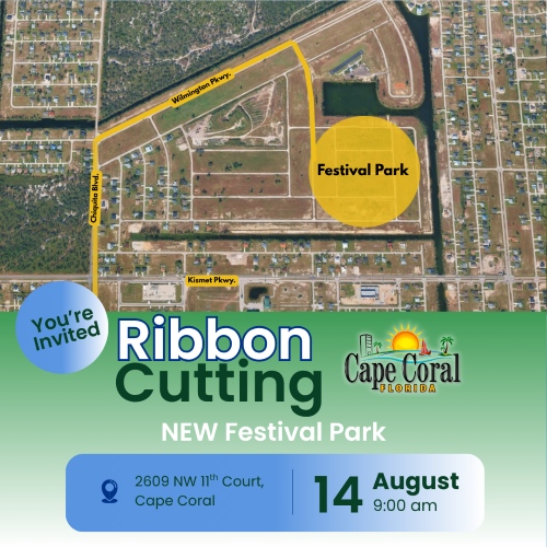 Flyer for Festival Park Ribbon Cutting on August 14 at 9am